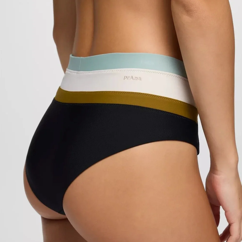 Prana Baja Bound High Rise Swim Bottom Womens M Black Colorblock Quick Dry Brief